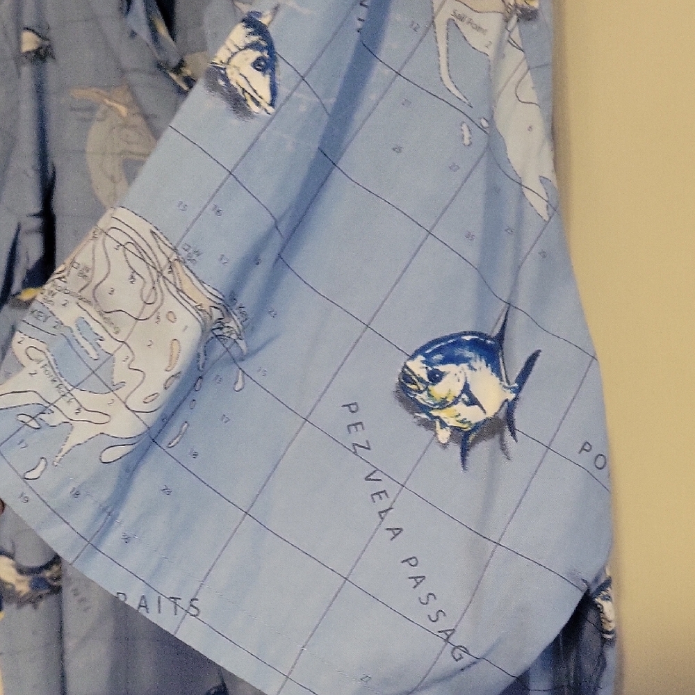 Columbia Large Button Up Shirt Short Sleeve Blue Saltwater Map Fish Print New - Picture 4 of 5